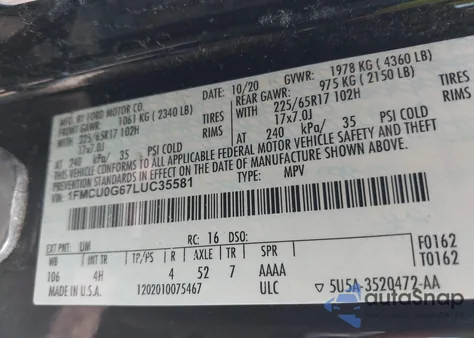 2020 Ford Escape Se из США, поврежденный, VIN 1FMCU0G67LUC35581